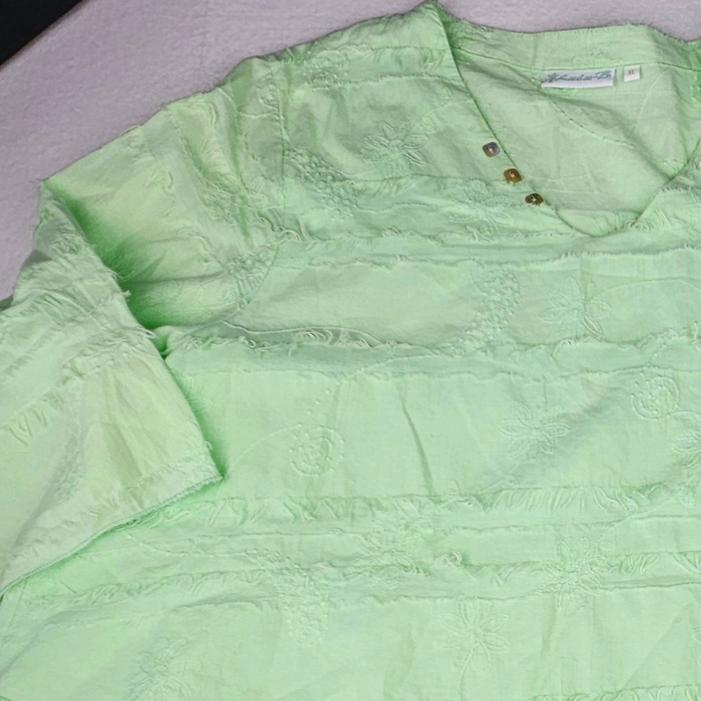 Lulu-B Women XL Lime Green Cotton Embroidered Fray Tunic Coastal Cottagecore Top